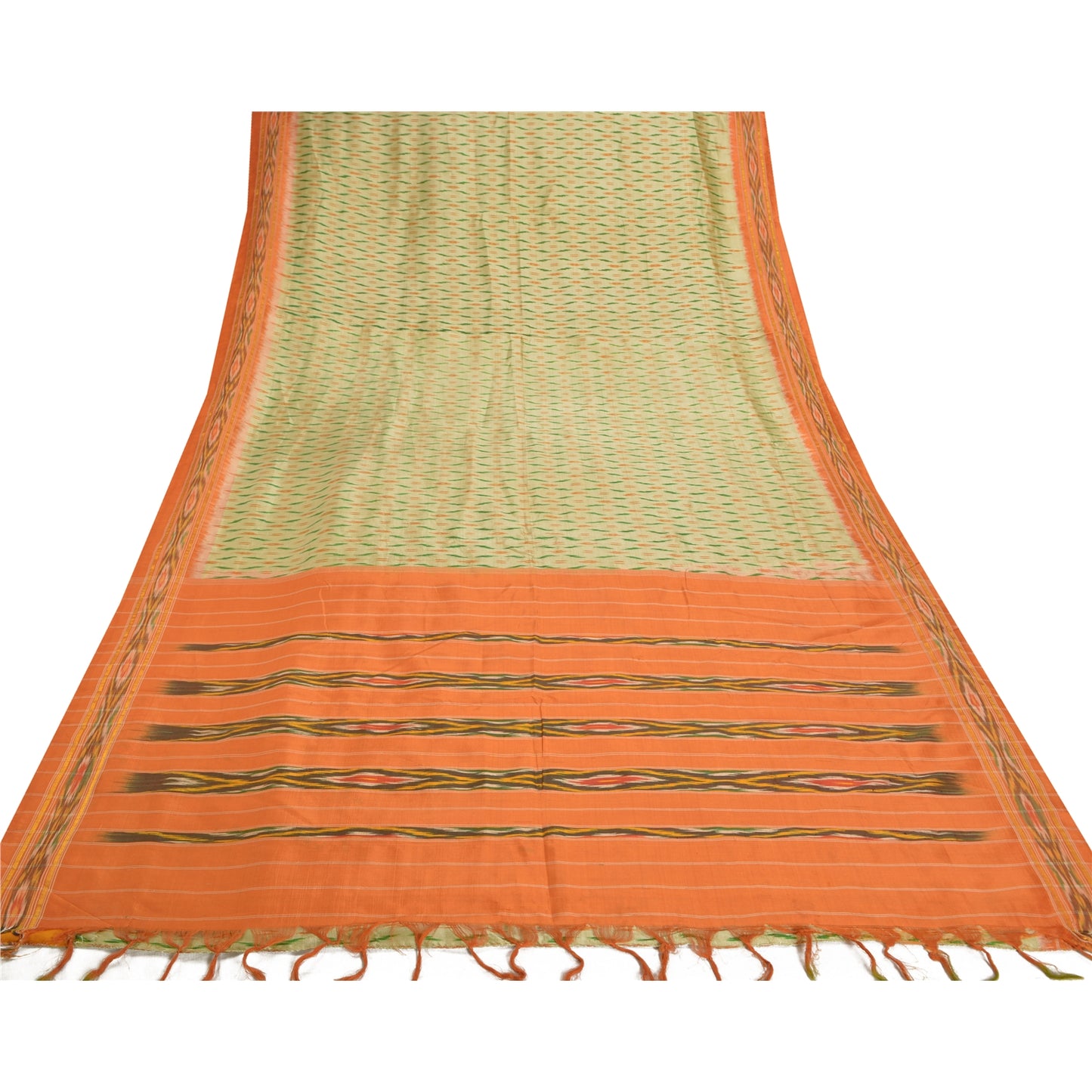 Sanskriti Vintage Pochampally Green Hand Woven Ikat Sarees Pure Silk Sari Sustainable Fabric