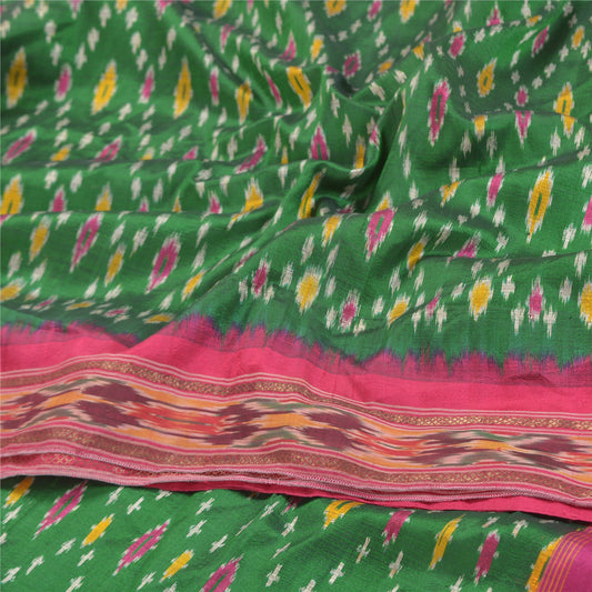 Sanskriti Vintage Grøn Pochampally Håndvævet Ren Silke Ikat Sarees Sari Bæredygtigt stof