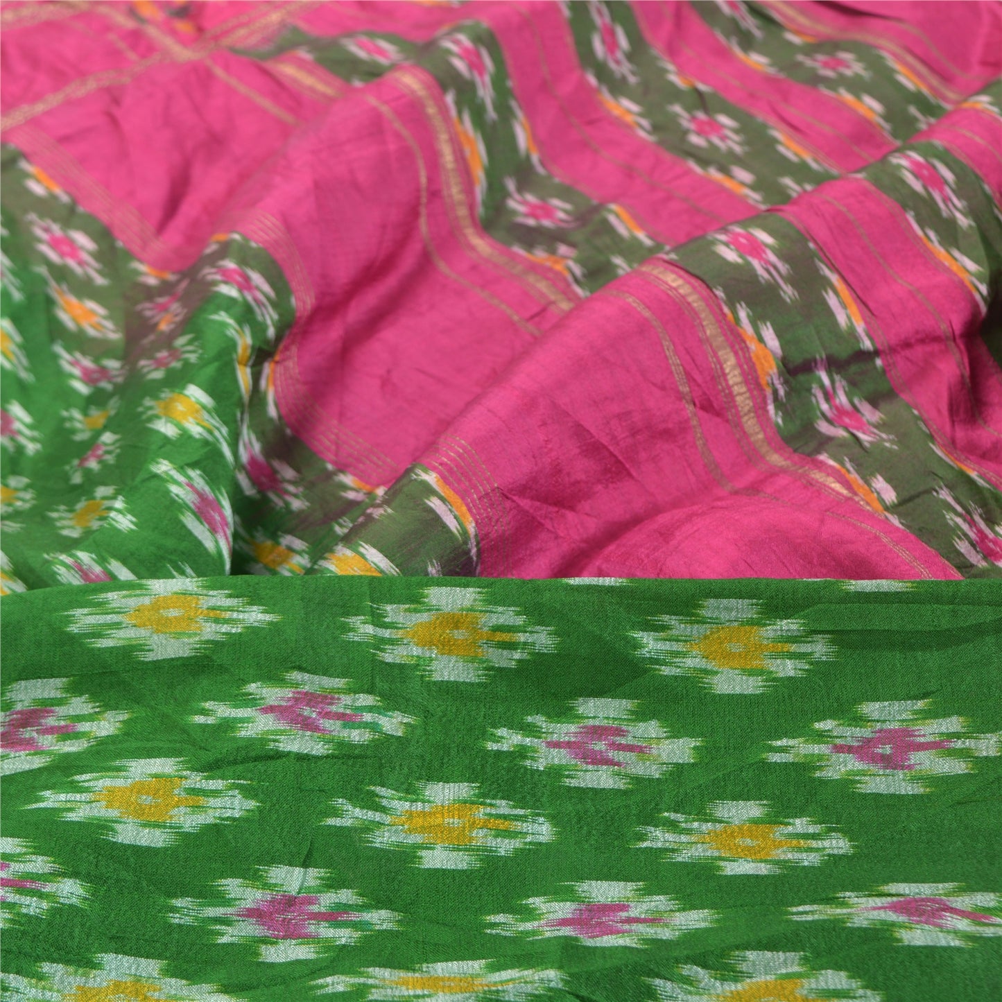 Sanskriti Vintage Pochampally Green Handwoven Pure Silk Ikat Sarees Sari Sustainable Fabric