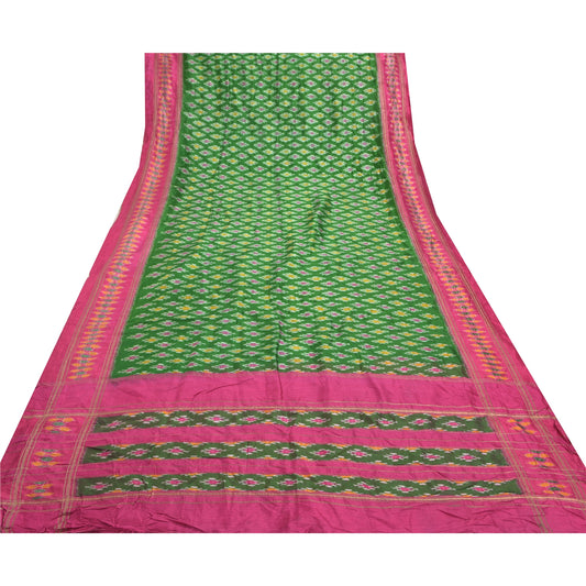 Sanskriti Vintage Pochampally Green Handwoven Pure Silk Ikat Sarees Sari Sustainable Fabric