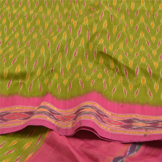 Sanskriti Vintage Pochampally Green Sarees Hand Woven Ikat Pure Silk Sari Sustainable Fabric