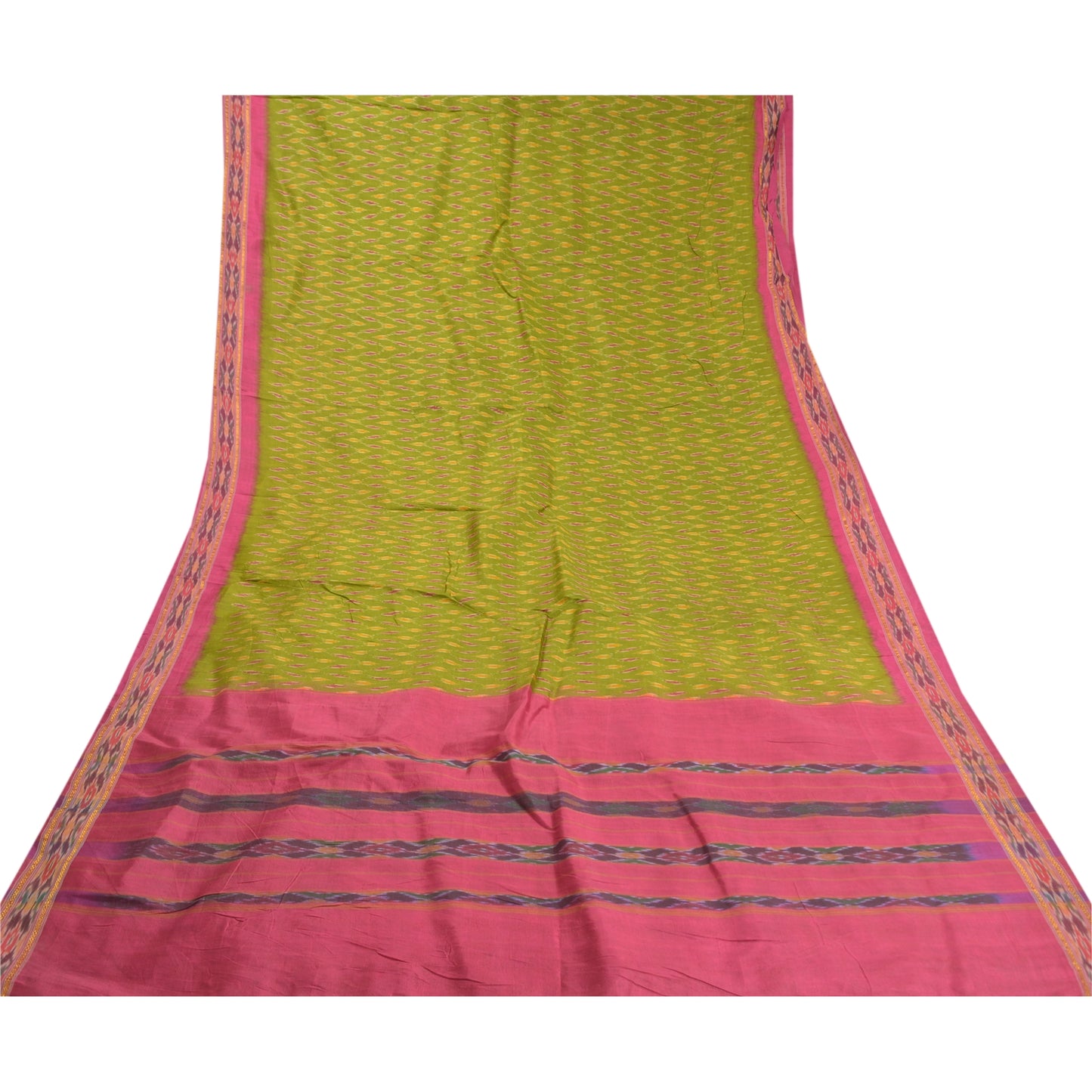 Sanskriti Vintage Pochampally Green Sarees Hand Woven Ikat Pure Silk Sari Sustainable Fabric