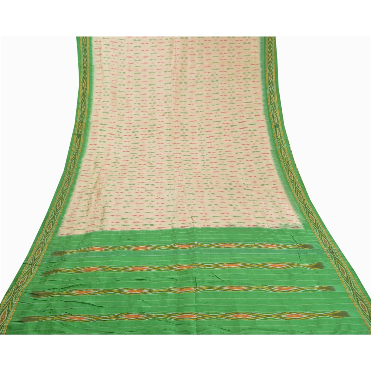 Sanskriti Vintage Pure Silk Pochampally Ivory Sarees HandWoven Ikat Sari Sustainable Fabric
