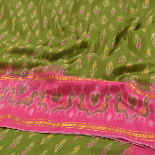 Sanskriti Vintage Pochampally Sarees Green Hand Woven Ikat Pure Silk Sari Sustainable Fabric