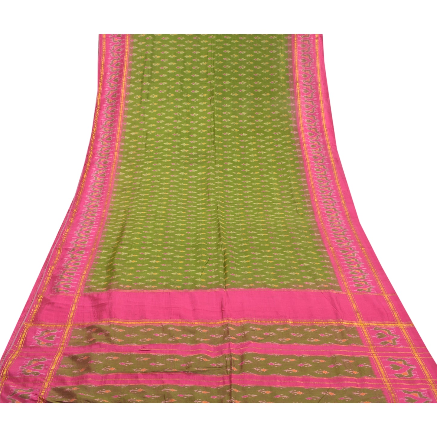 Sanskriti Vintage Pochampally Sarees Green Hand Woven Ikat Pure Silk Sari Sustainable Fabric