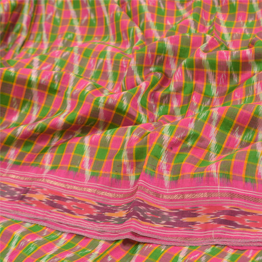 Sanskriti Vintage Pochampally Sarees Pink Hand Woven Ikat Pure Silk Sari Sustainable Fabric