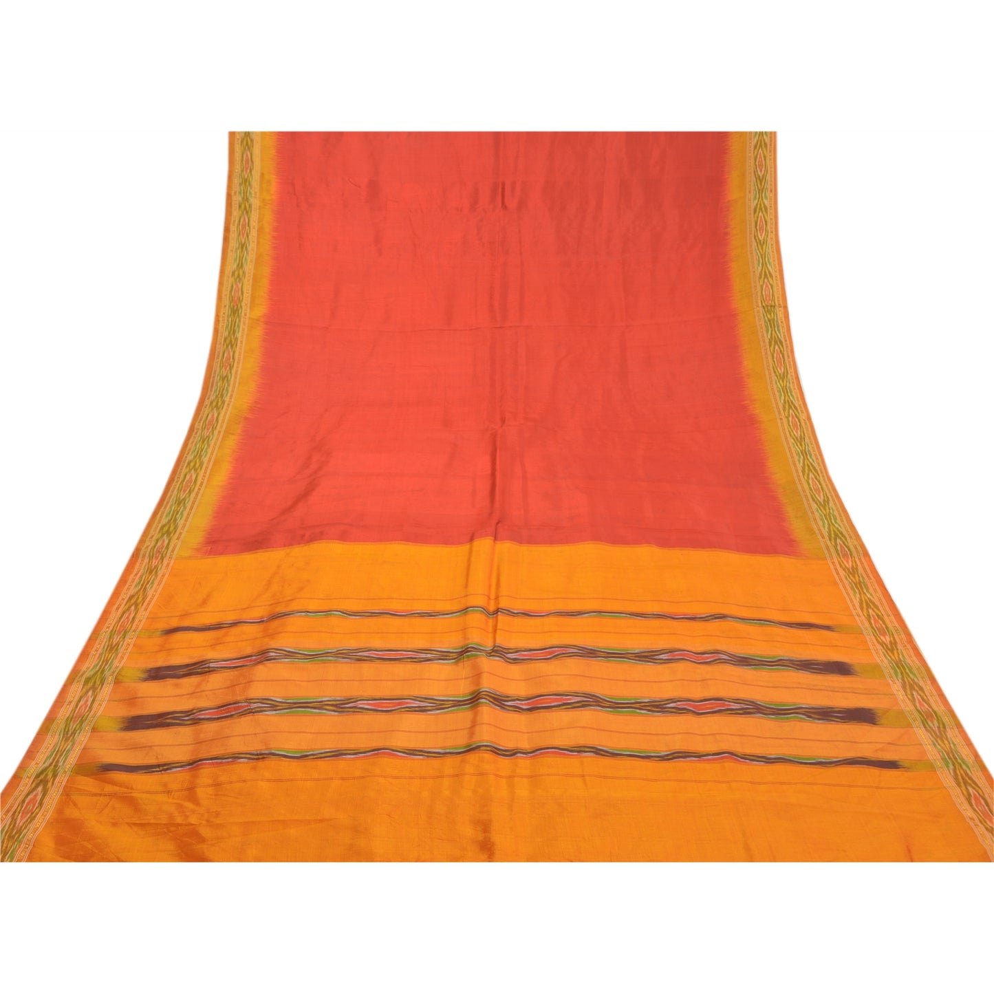 Sanskriti Vintage Pochampally Sarees Red Hand Woven Ikat Pure Silk Sari Sustainable Fabric