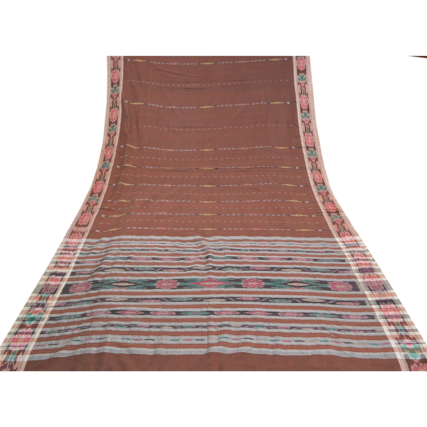 Sanskriti Vintage Brown Odisha Saree Hand Woven Ikat Blend Cotton Sari Sustainable Fabric