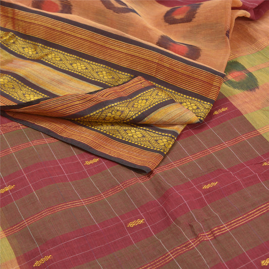 Sanskriti Vintage Mørkerød Håndvævet Ikat Sarier Ren Bomuld Sari Håndværksmæssigt Bæredygtigt Stoff