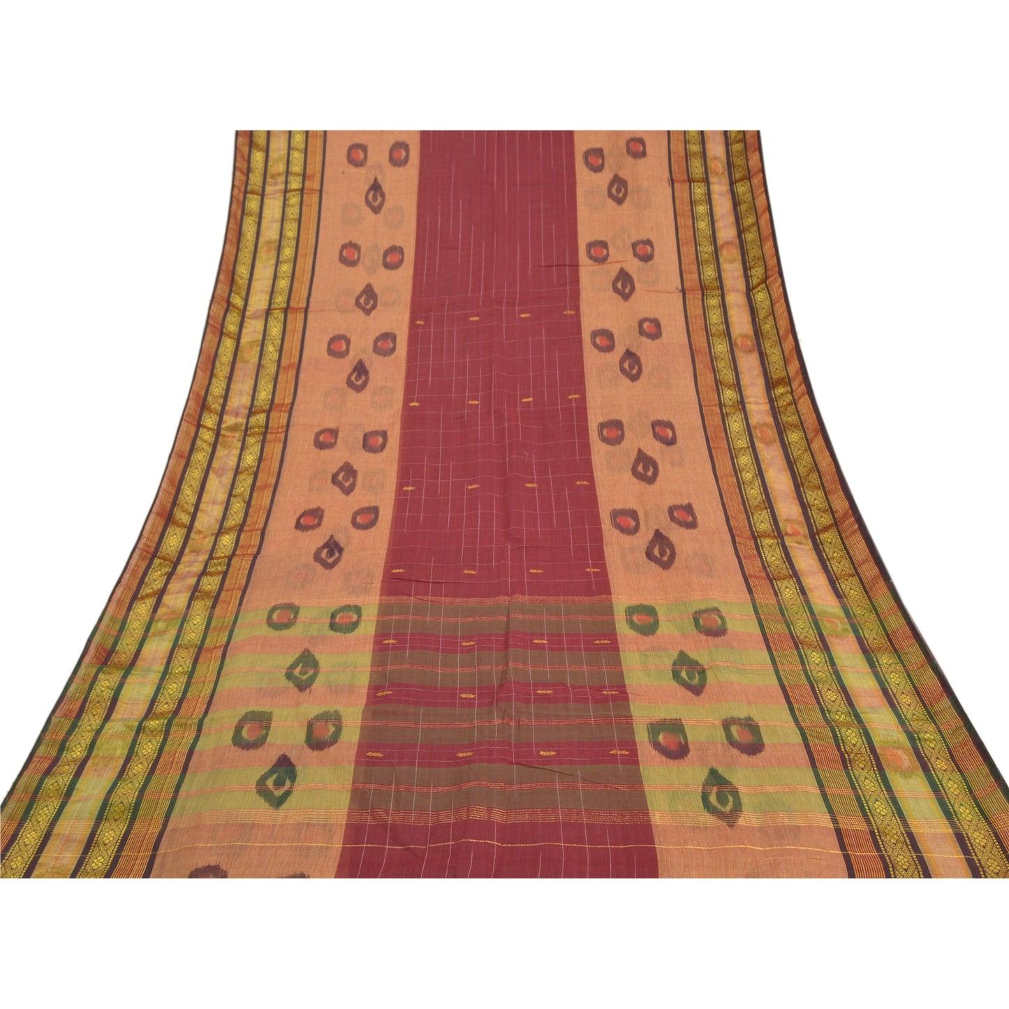 Sanskriti Vintage Dark Red Hand Ikat Woven Sarees Pure Cotton Sari Craft Sustainable Fabric