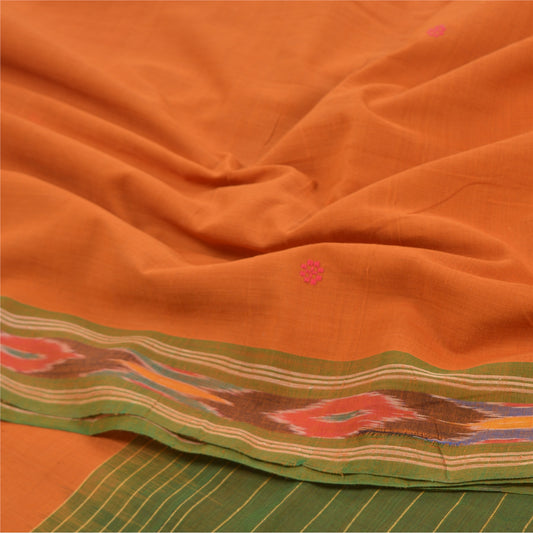 Sanskriti Vintage Orange Håndvævet Ikat Sari Ren Bomuld Sari 5yd Håndværksmæssigt Bæredygtigt Stoff
