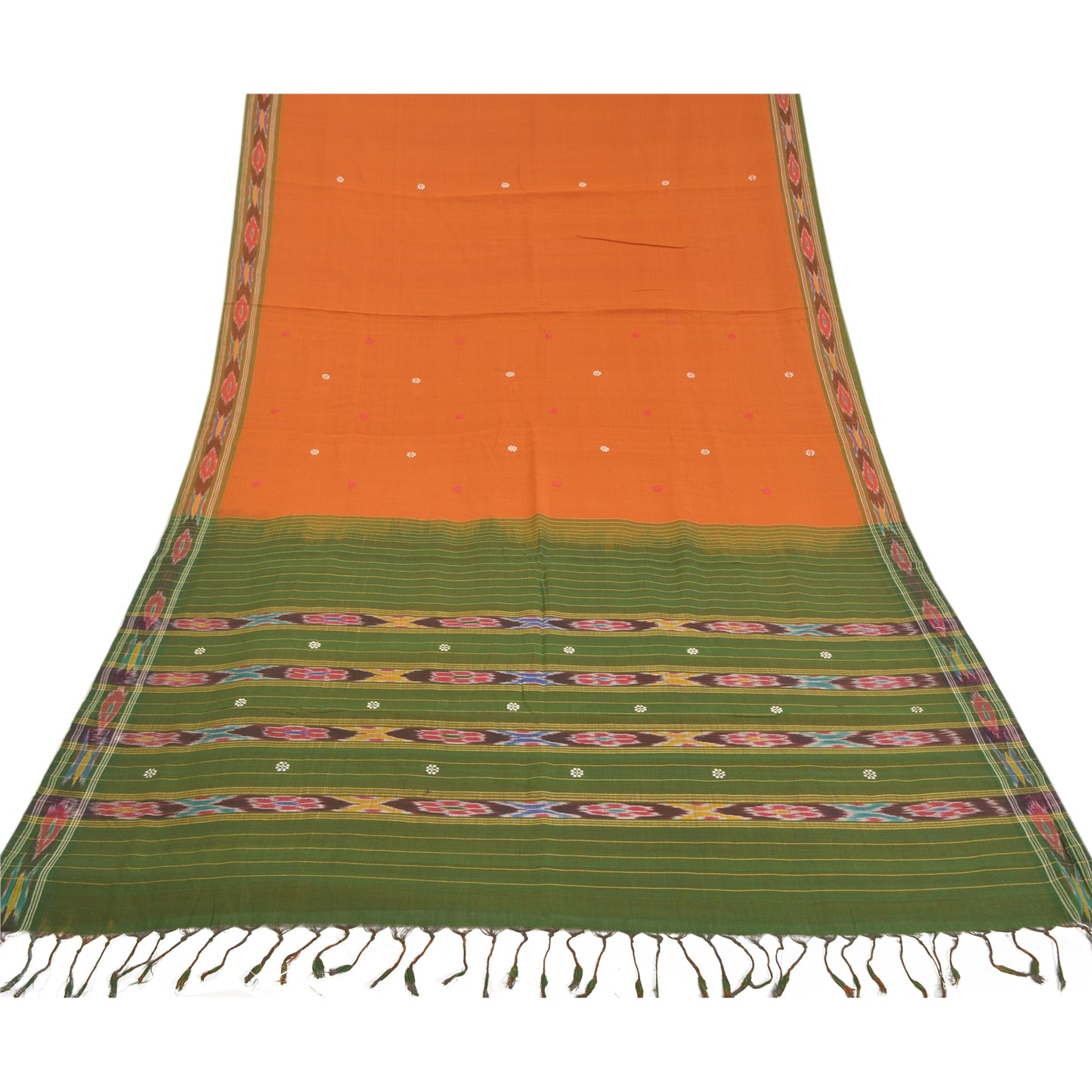 Sanskriti Vintage Orange Hand Woven Ikat Saree Pure Cotton Sari 5yd Craft Sustainable Fabric