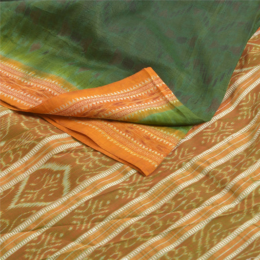Sanskriti Vintage Grøn Sambhalpuri Håndvævet Ikat Sarees Pure Silke Sari Bæredygtigt stof