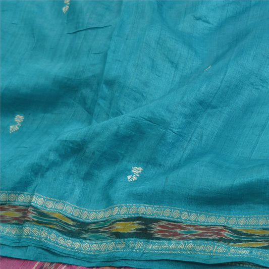 Sanskriti Vintage Saree Blue Odisha Hand Woven Ikat Pure Silk Sari 5yd Sustainable Fabric