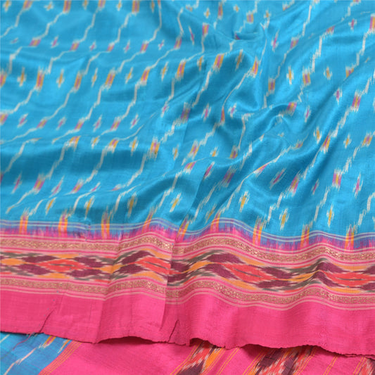 Sanskriti Vintage Saree Blue Pochampally Hand Woven Ikat Pure Silk Sari Sustainable Fabric