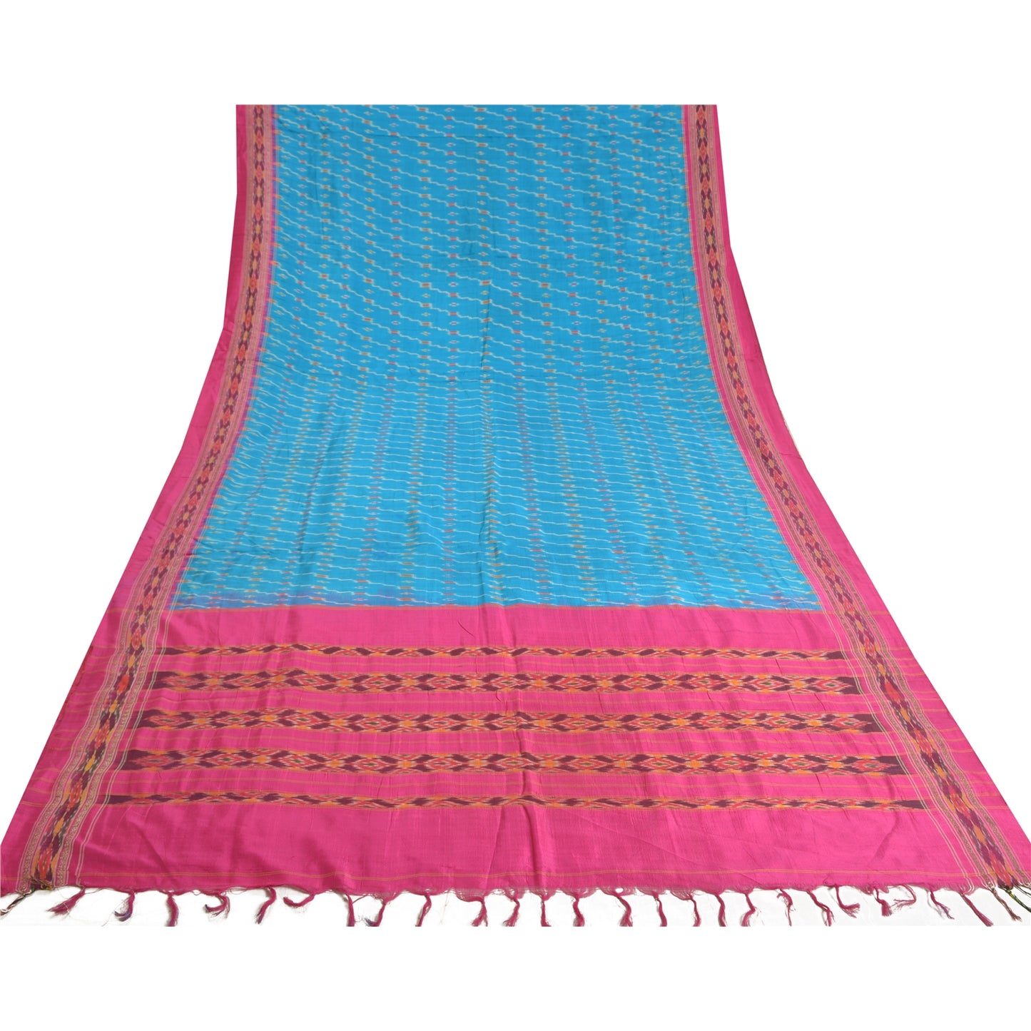 Sanskriti Vintage Saree Blue Pochampally Hand Woven Ikat Pure Silk Sari Sustainable Fabric