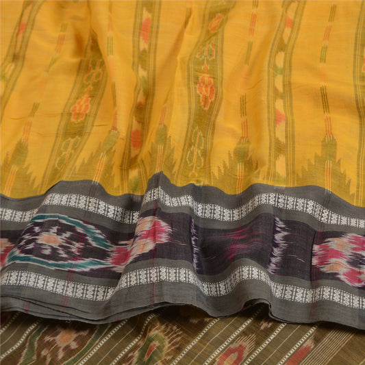 Sanskriti Vintage Saree Yellow Odisha Hand Woven Ikat Pure Cotton Sari Sustainable Fabric