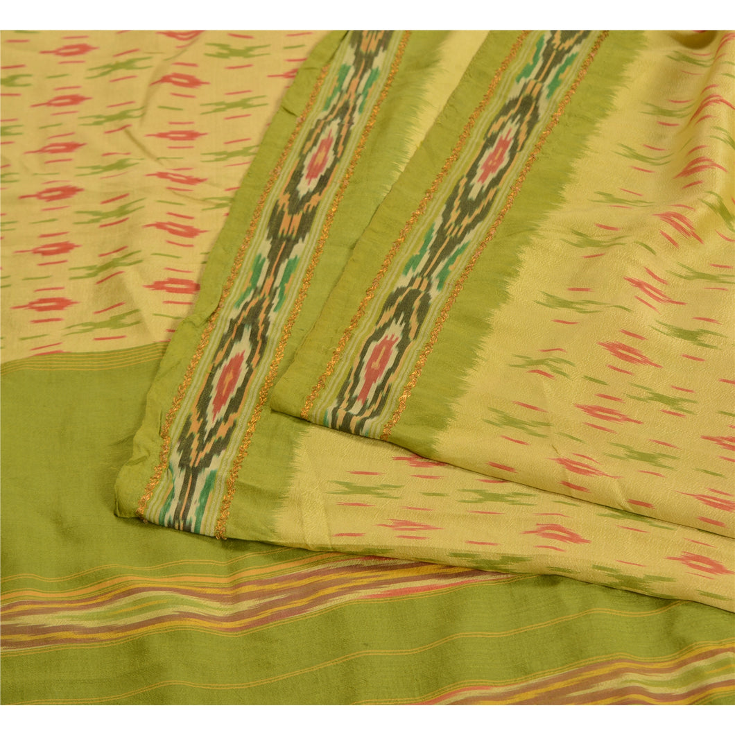 Sanskriti Vintage Sarees Green Pochampally Hand Woven Ikat Pure Silk Sari Fabric
