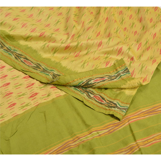 Sanskriti Vintage Sarees Green Pochampally Hand Woven Ikat Pure Silk Sari Sustainable Fabric