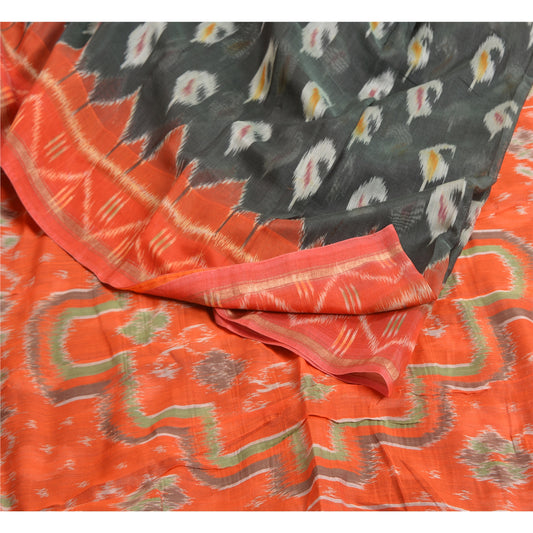 Sanskriti Vintage Saree Gray/Orange HandWoven Ikat Blend Cotton Sari 5yd Sustainable Fabric