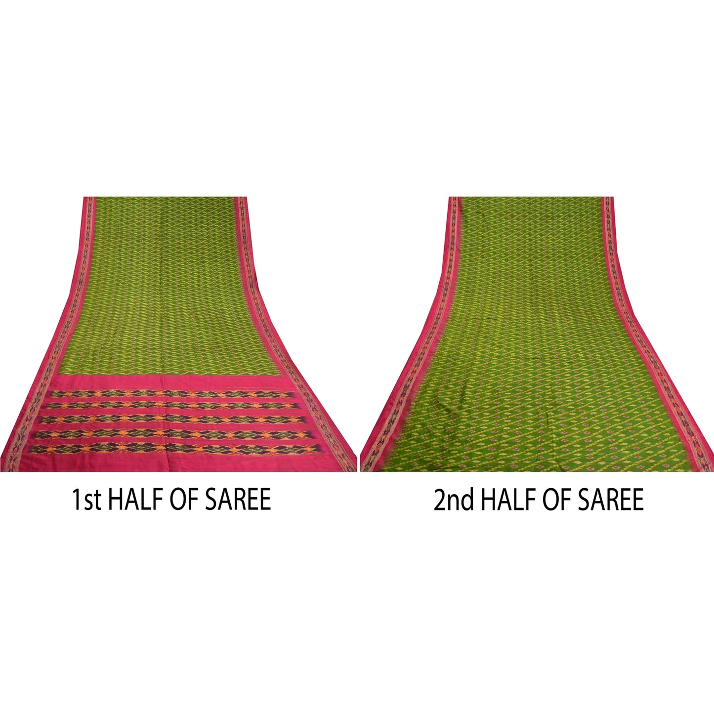 Sanskriti Vintage Sarees Green Pochampally Hand Woven Ikat Pure Silk Sari Sustainable Fabric