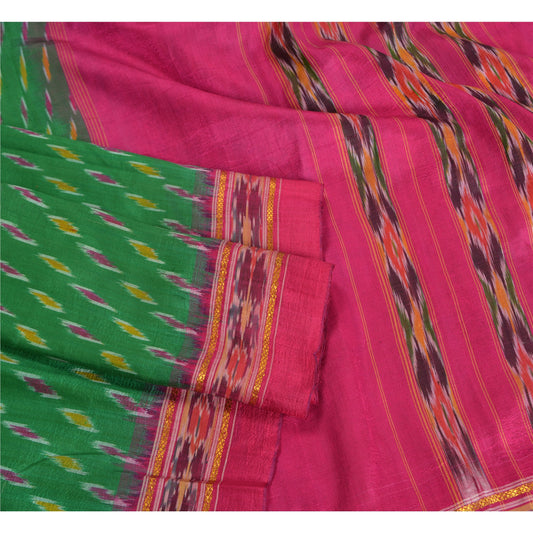 Sanskriti Vintage Sarees Green Pochampally Hand Woven Ikat Pure Silk Sari Sustainable Fabric