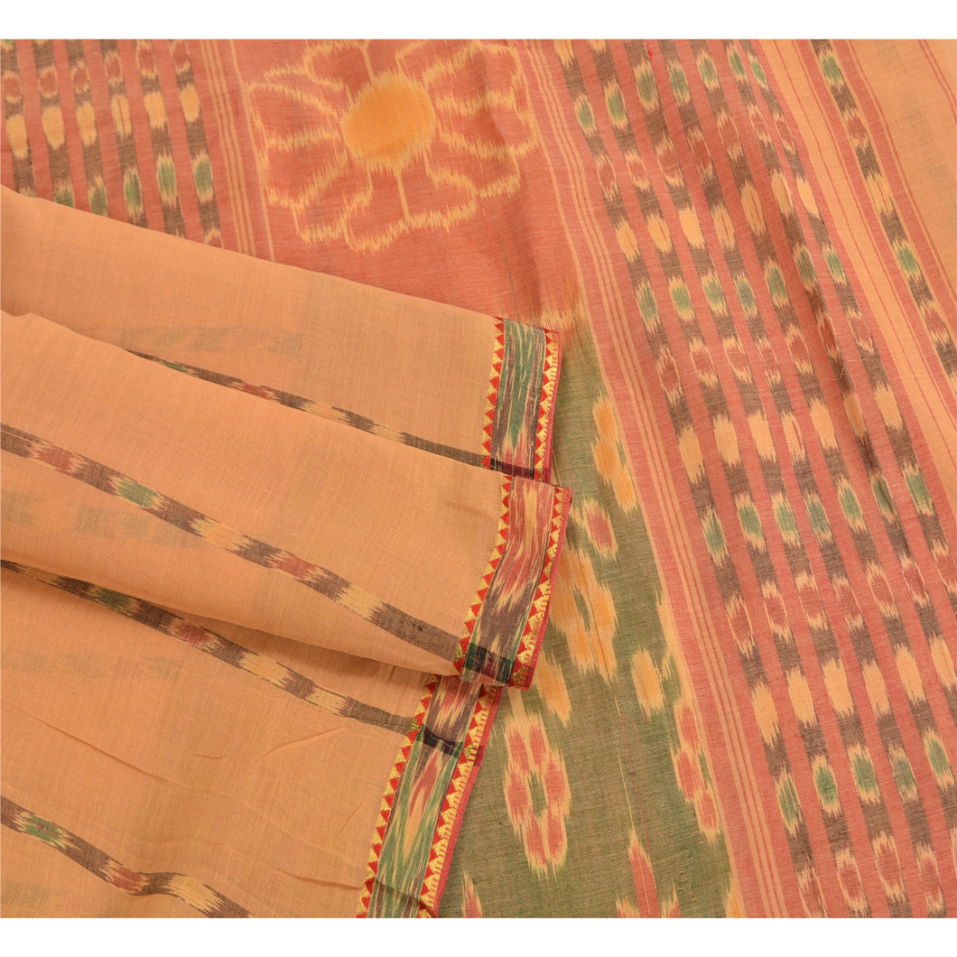 Sanskriti Vintage Saree Peach Sambhalpuri HandWoven Ikat Pure Cotton Sari Fabric