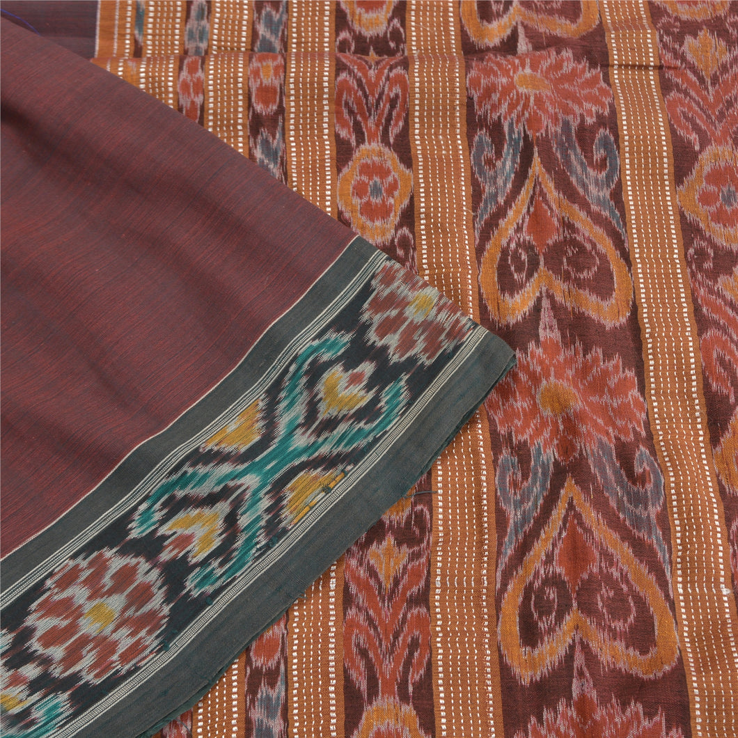 Sanskriti Vintage Saree Dark Red Odisha Hand Woven Ikat Blend Cotton Sari Fabric