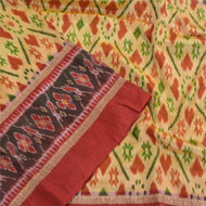 Sanskriti Vintage Saree Beige Sambhalpuri Hand Woven Ikat Pure Silk Sari Fabric