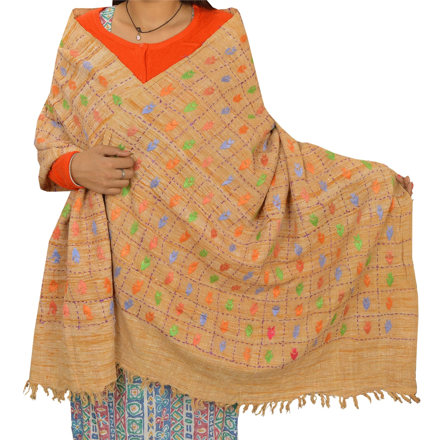 Sanskriti Vintage Hand Embroidered Woolen Shawl Brown Stole Floral