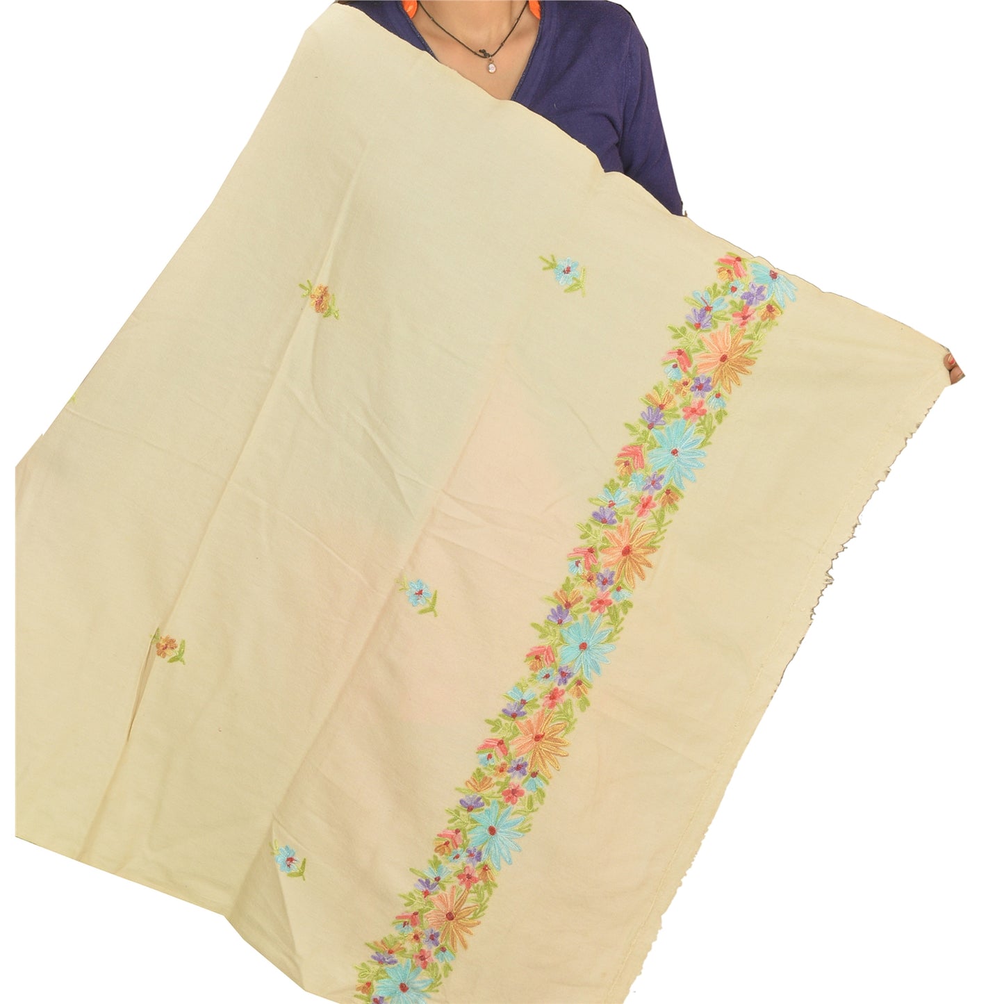 Sanskriti Vintage Hand Embroidered Kashmiri Woolen Shawl Cream Stole Floral