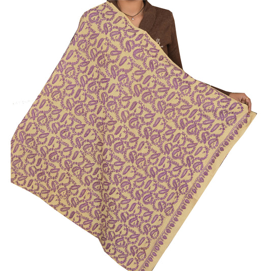 Sanskriti Vintage Hand Embroidered Woolen Shawl Cream Ari Work Stole Floral