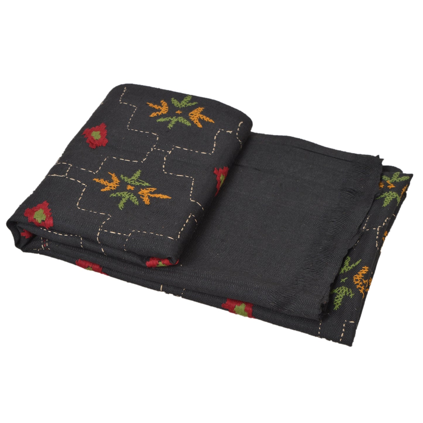 Sanskriti Vintage Hand Embroidered Woolen Shawl Black Stole Floral