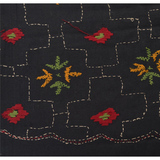 Sanskriti Vintage Hand Embroidered Woolen Shawl Black Stole Floral