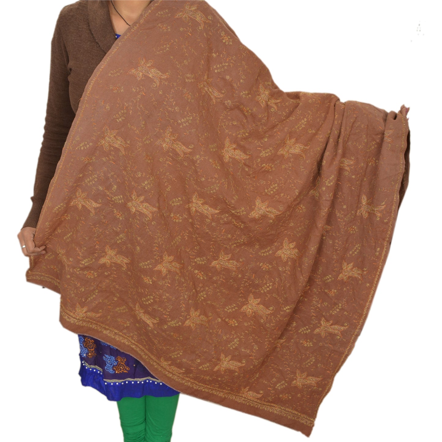 Sanskriti Vintage Hand Embroidered Woolen Shawl Brown Sozni Stole Floral