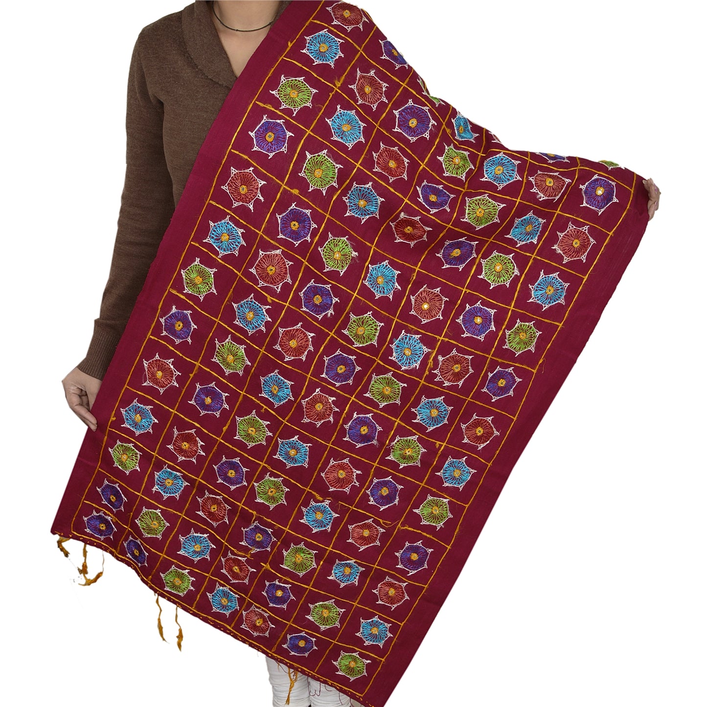 Sanskriti Vintage Hand Embroidered Cotton Shawl Kutch Work Stole Mirror