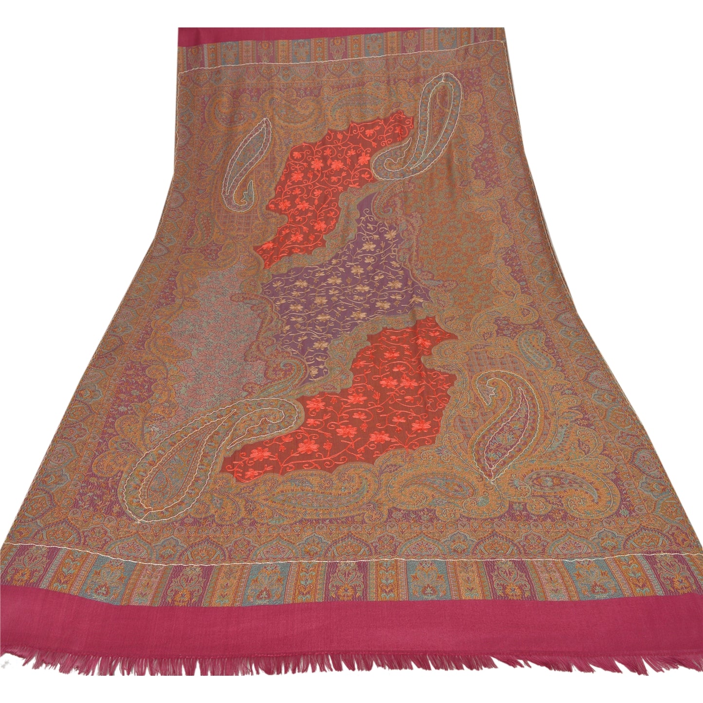 Sanskriti New Indian Scarf Hand Embroidered Kashmiri Polywool Shawl Purple Stole