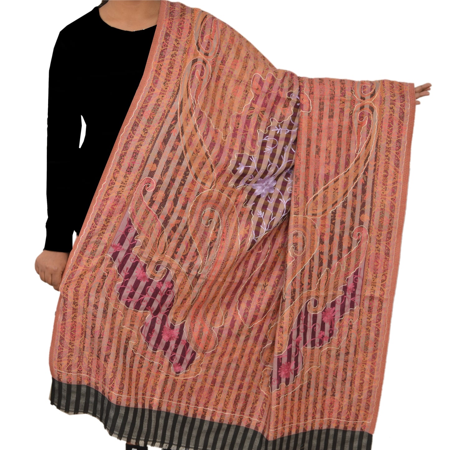 Sanskriti New Embroidered Poly Wool Indian Shawl Aari Work Peach Stole Floral