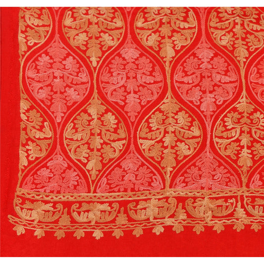 Sanskriti New Indian Scarf Hand Embroidered Aari Work Polywool Shawl Red Stole