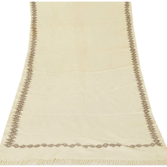 Sanskriti vintage Cream Woolen Shawl Geometric Woven Scarf Neck Head Stole Veil