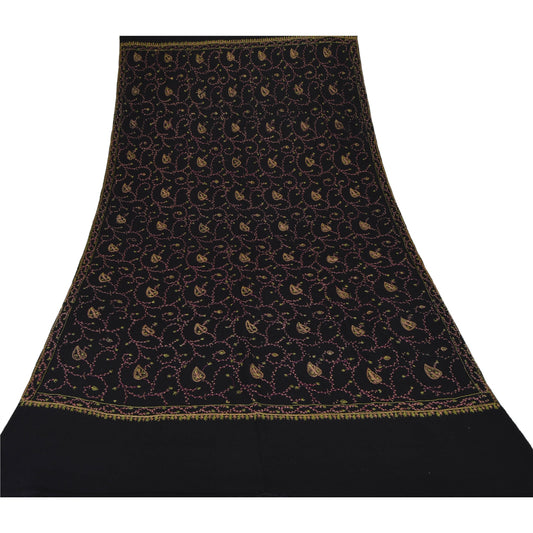 Санскрити Винтажная шерстяная шаль с ручной вышивкой, черная, созни, цветочная