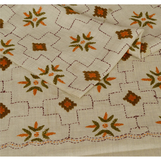 Sanskriti Vintage Hand Embroidered Woolen Shawl Cream Stole Floral