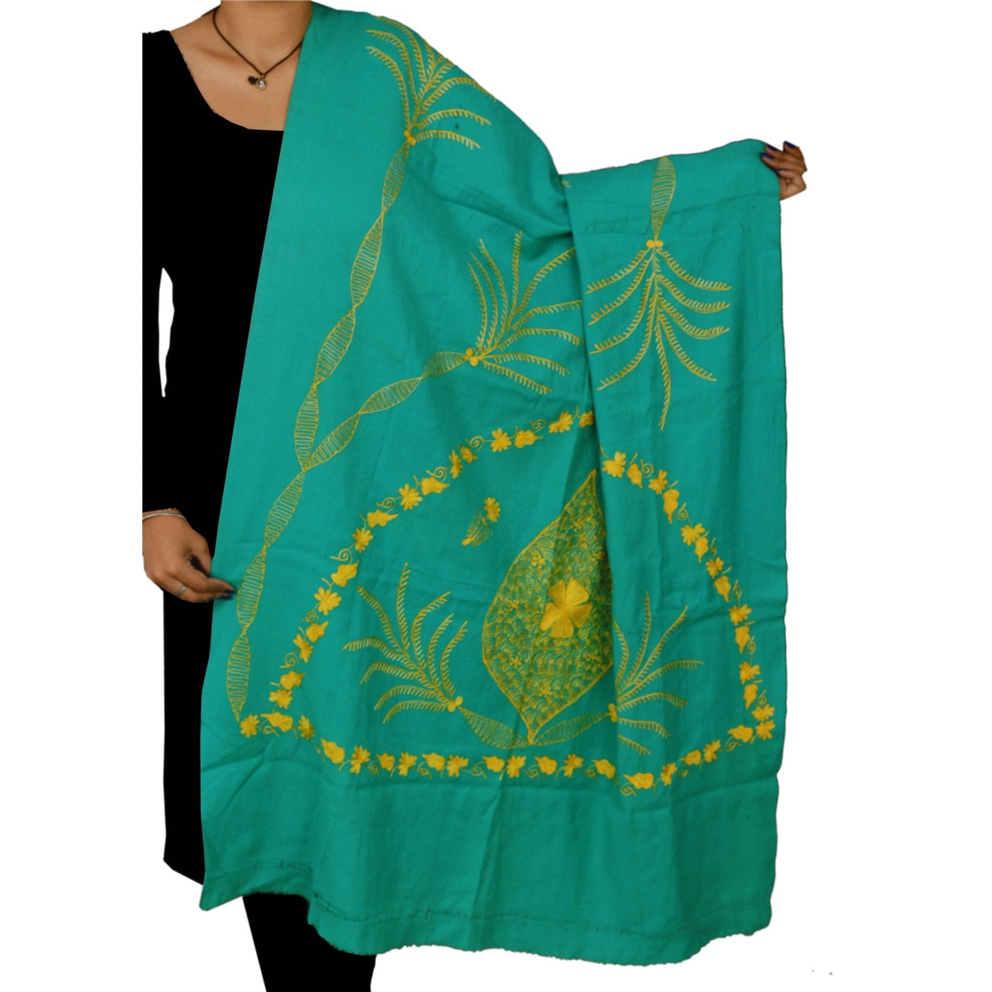 Sanskriti vintage grønt uldsjal håndbroderet Aari-stole/tørklæde/hijab