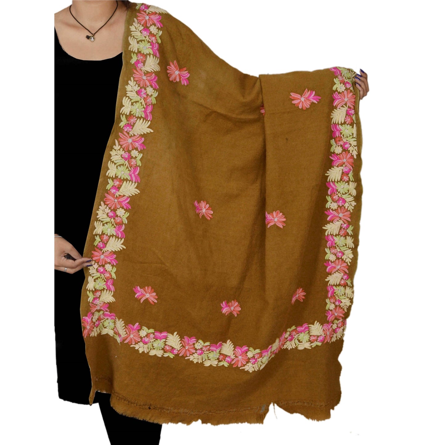 Санскритская винтажная шерстяная шаль с ручной вышивкой, коричневый кашмирский рабочий шарф-палантин