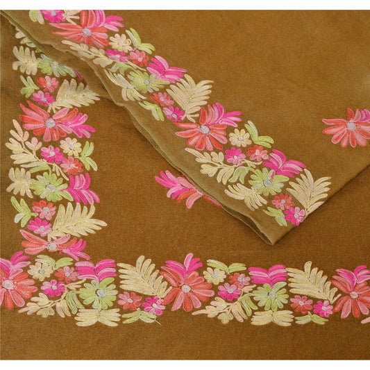 Sanskriti Vintage Hand Embroidered Woolen Shawl Brown Kashmiri Work Stole Scarf