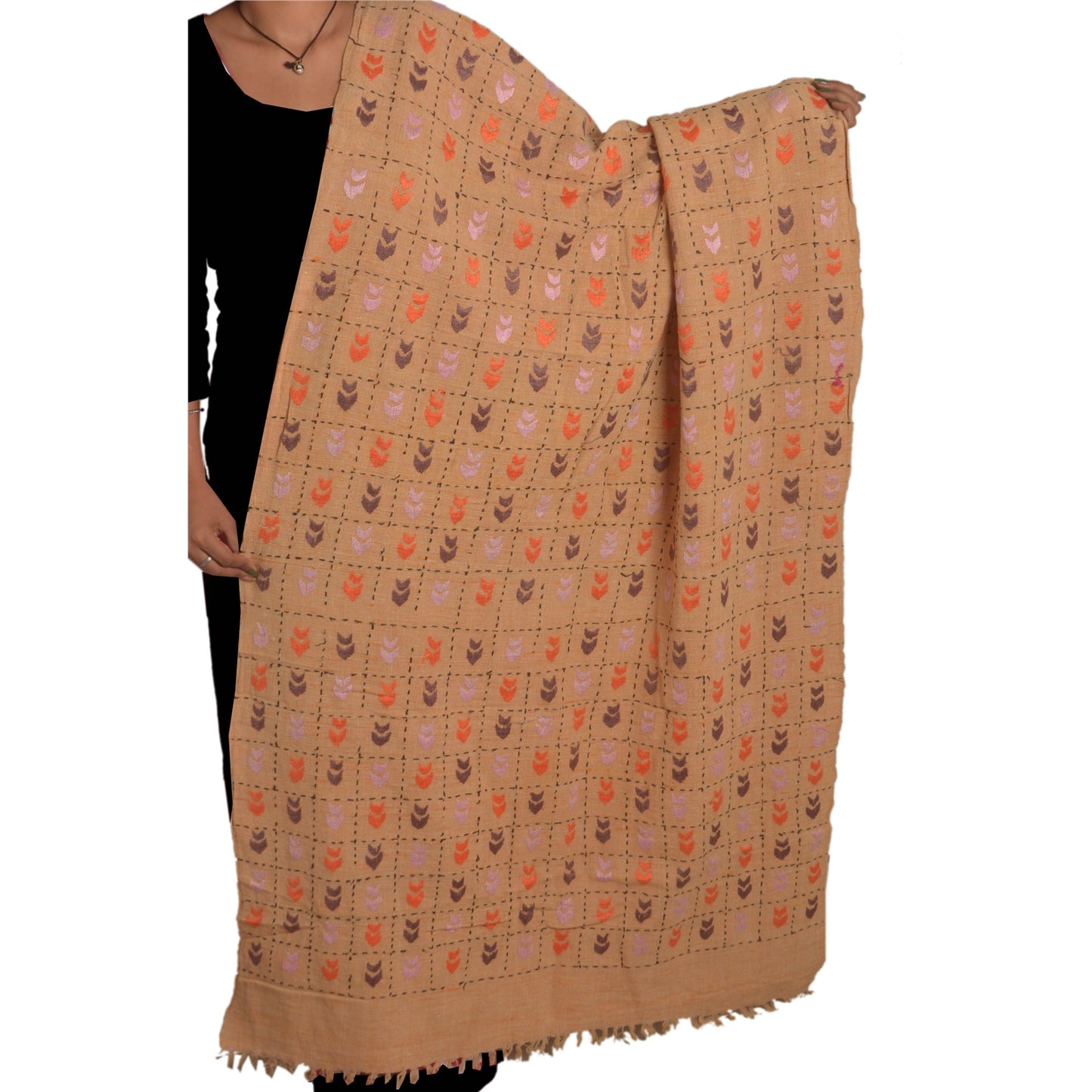Sanskriti Vintage Cream 100% Pure Handloom Shawl Hand Embroidered Woven Stole Scarf