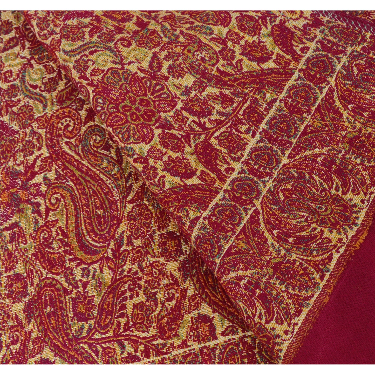 Sanskriti Vintage Red Woolen Shawl Woven Work Long Stole Soft Scarf Floral