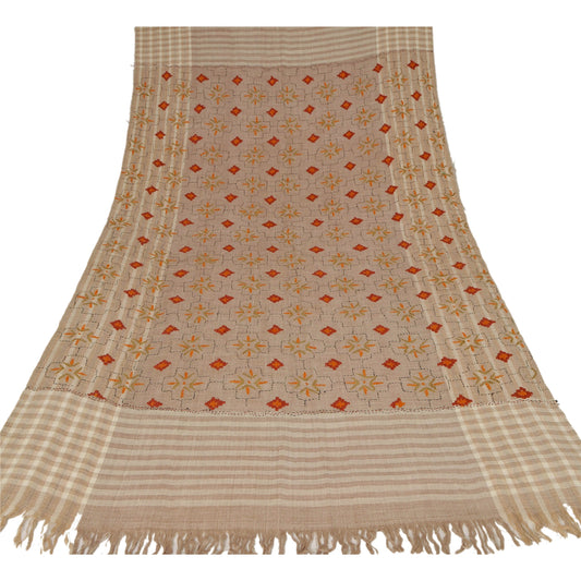 Sanskriti Vintage Cream Hand Embroidered Woolen Shawl Kantha Work Stole Scarf