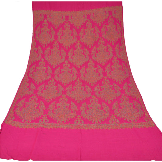 Sanskriti Vintage Pink Woolen Shawl Woven Work Long Stole Soft Scarf Floral