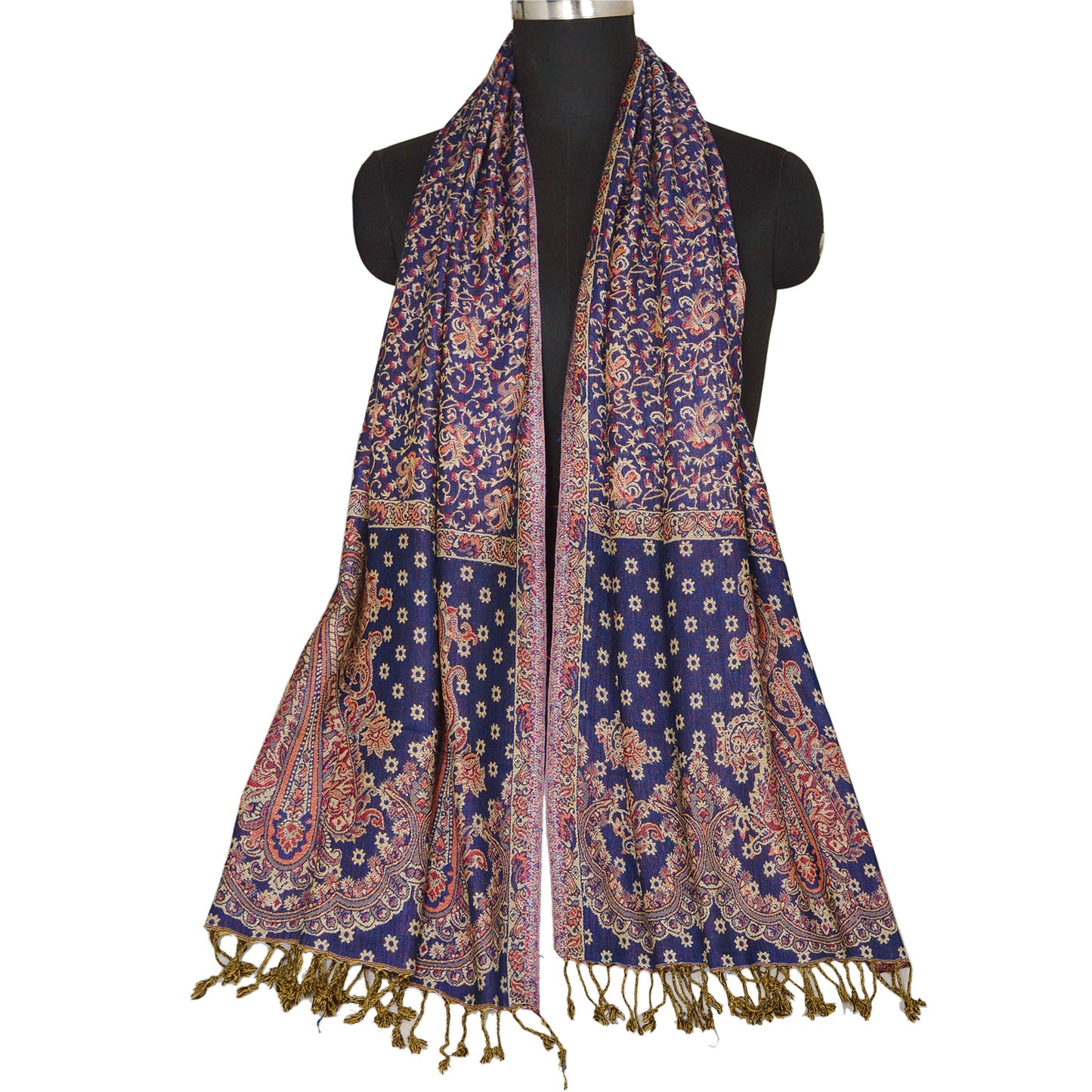 Sanskriti New Blue Viscose Jamavar Shawl Woven Work Long Stole Soft Warm Scarf